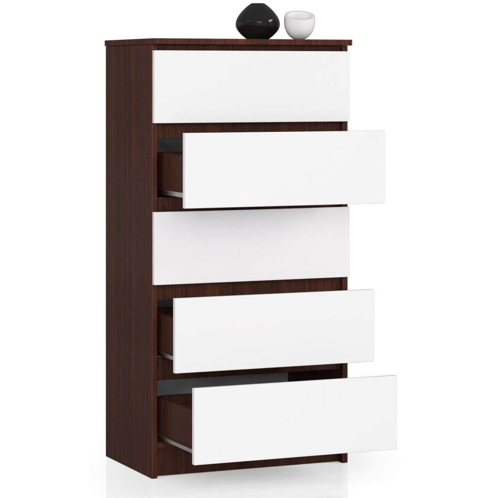 Komoda do sypialni, 5 szuflad, STILO, 60x40x121 cm, wenge, biel, mat
