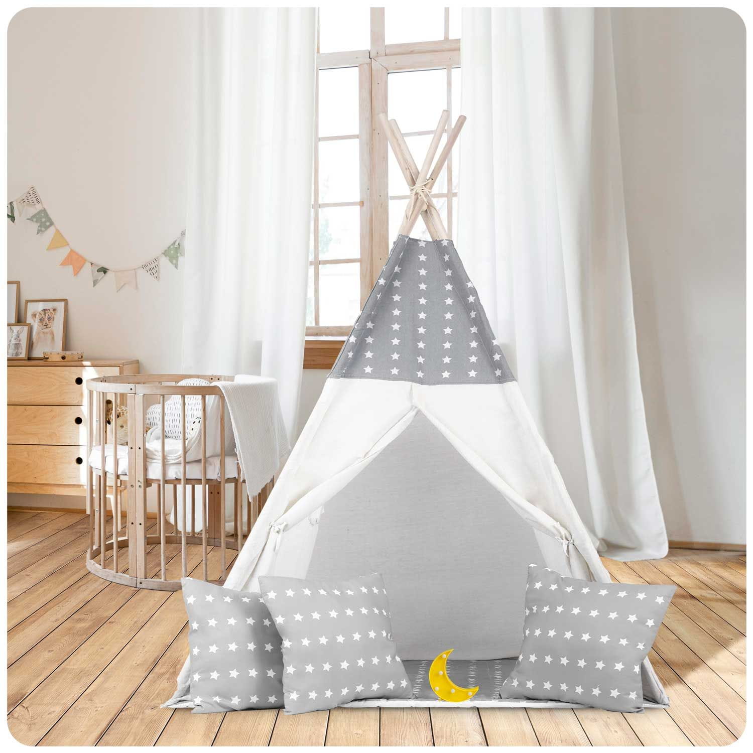 Namiot tipi dla dzieci, girlanda, światełka, 120x165 cm, jasny szary, gwiazdy