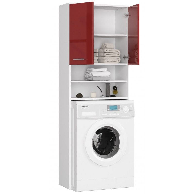 Szafka łazienkowa, regał nad pralkę, ELION, 64x30x180 cm, biel, czerwony, połysk