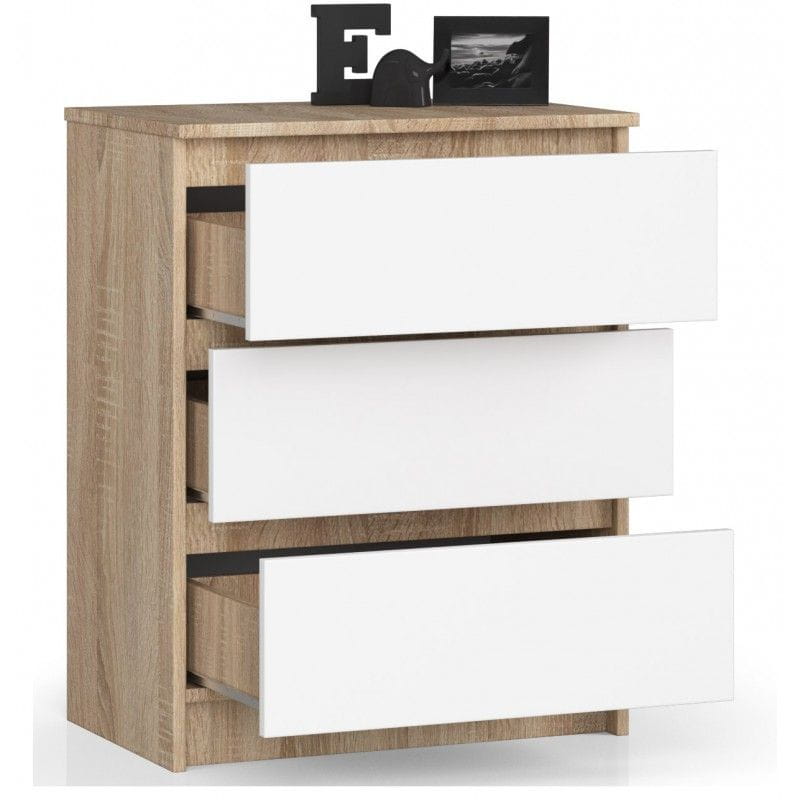 Komoda do sypialni, 3 szuflady, STILO, 60x40x77 cm, dąb sonoma, biel, mat