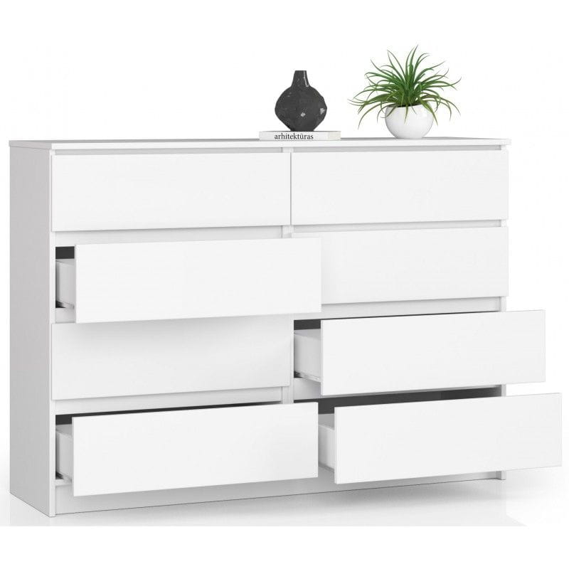 Komoda do sypialni, STILO, 8 szuflad, 140x40x99 cm, biel, mat