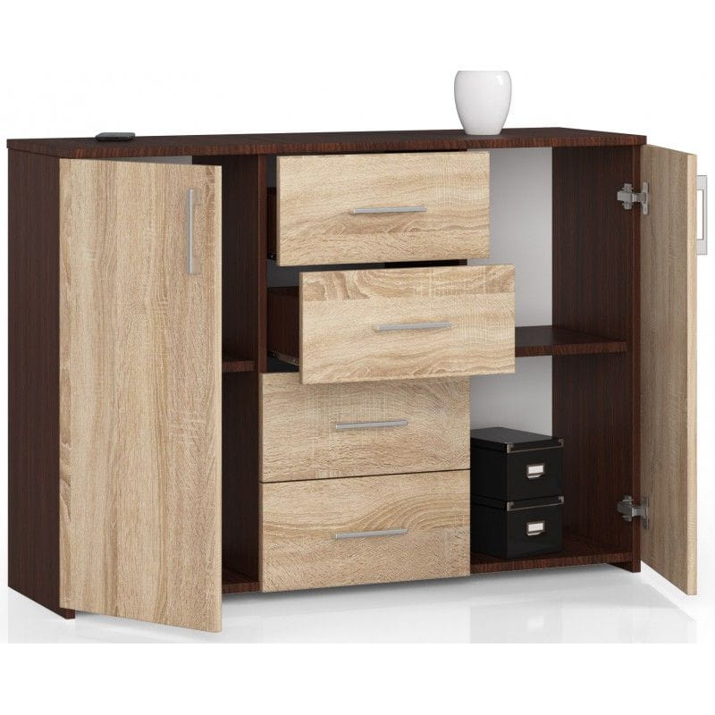 Komoda do sypialni, drzwi, 4 szuflady, LENA, 110x35x80 cm, wenge, dąb sonoma, mat