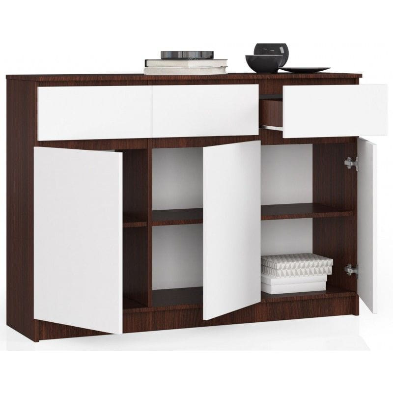Komoda, 3 szuflady, 3 drzwi, ATLAS, 140x40x99 cm, wenge, biel, mat