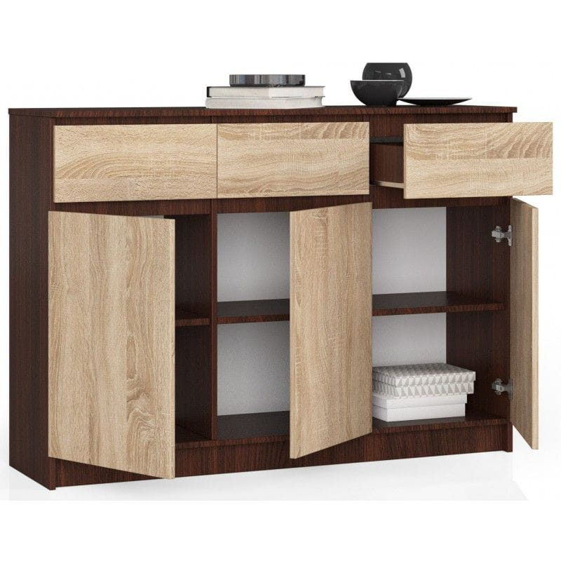 Komoda, 3 szuflady, 3 drzwi, ATLAS, 140x40x99 cm, wenge, dąb sonoma, mat