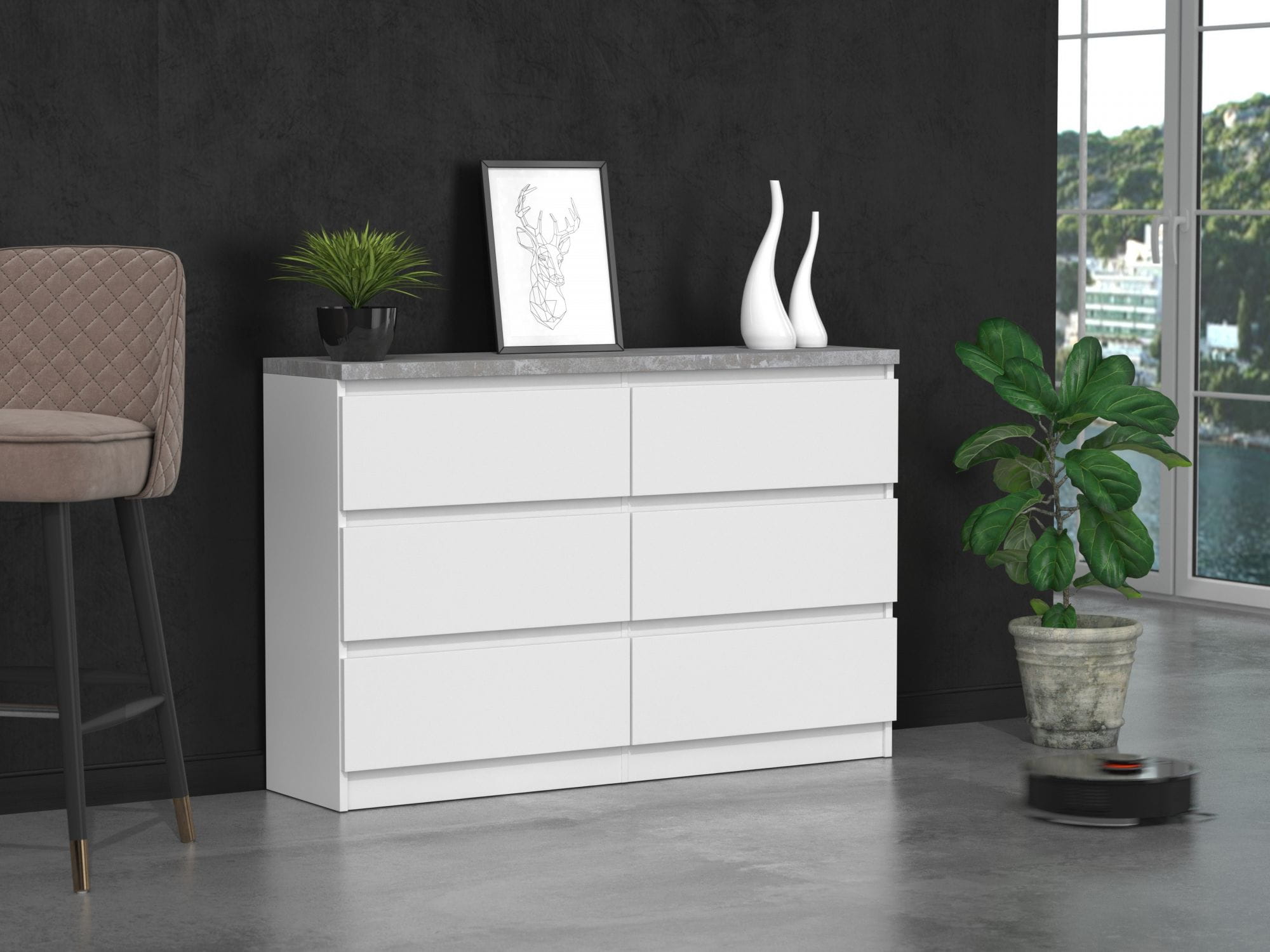 Komoda do sypialni, salonu, M6, 120x30x77 cm, biel, beton, mat