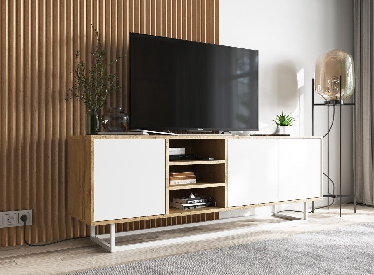 Szafka RTV, loft, NORD, 150x35x53 cm, dąb wotan, biel, mat