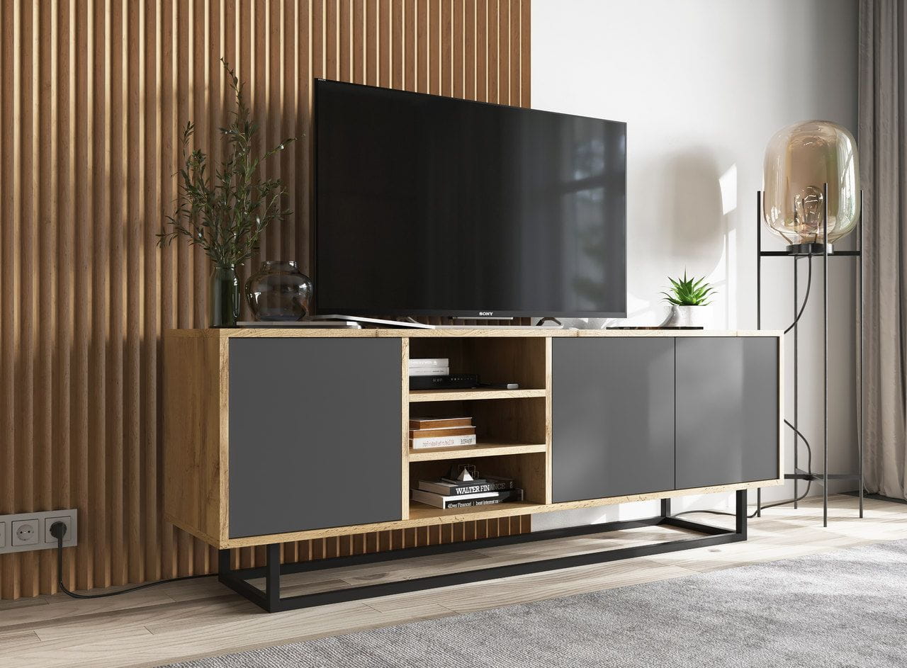 Szafka RTV, loft, NORD, 150x35x53 cm, dąb wotan, grafit, mat