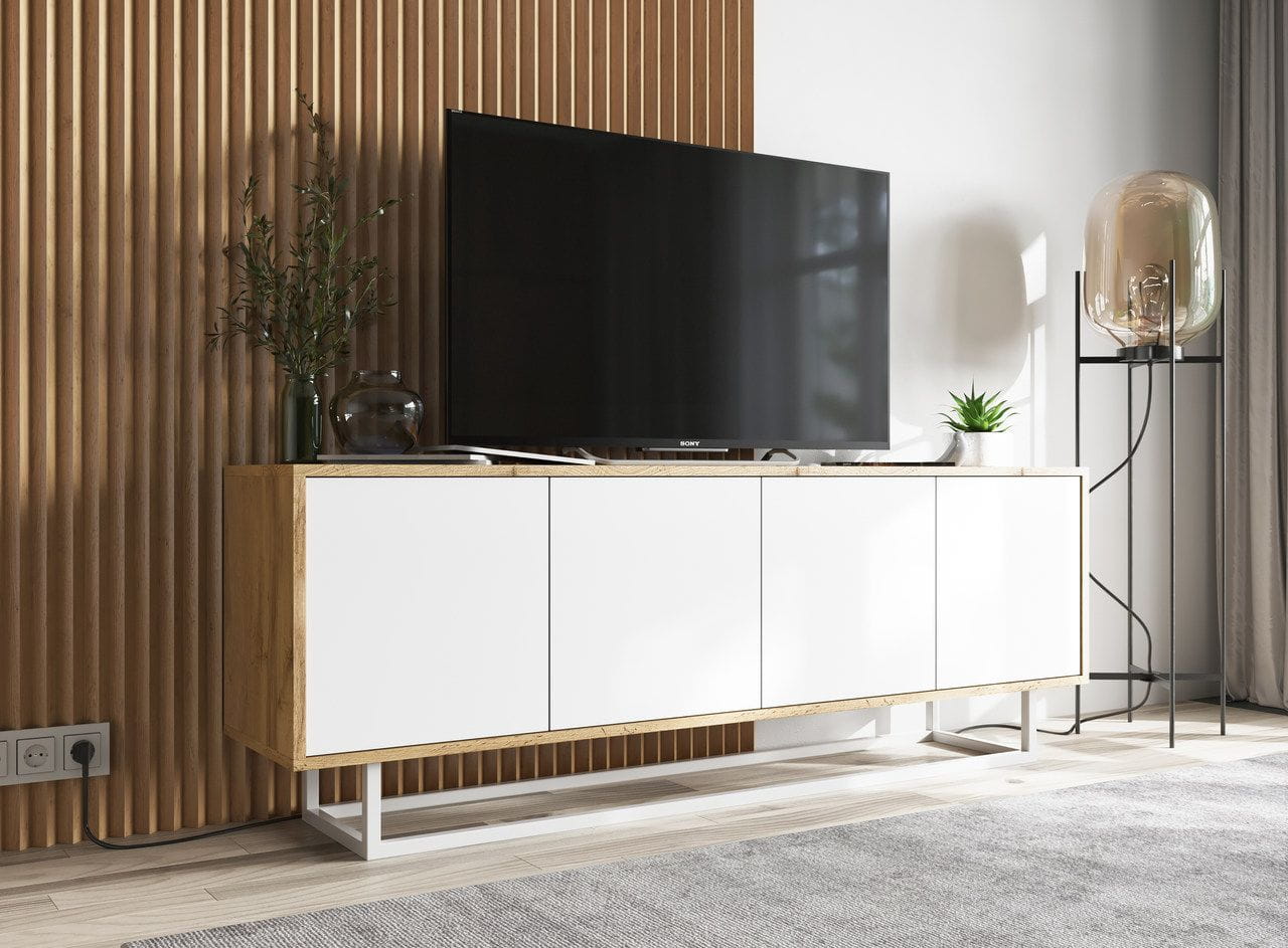 Komoda RTV, loft, NORD, 150x35x53 cm, dąb wotan, biel, mat