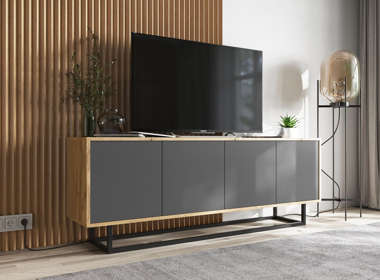 Komoda RTV, loft, NORD, 150x35x53 cm, dąb wotan, grafit, mat