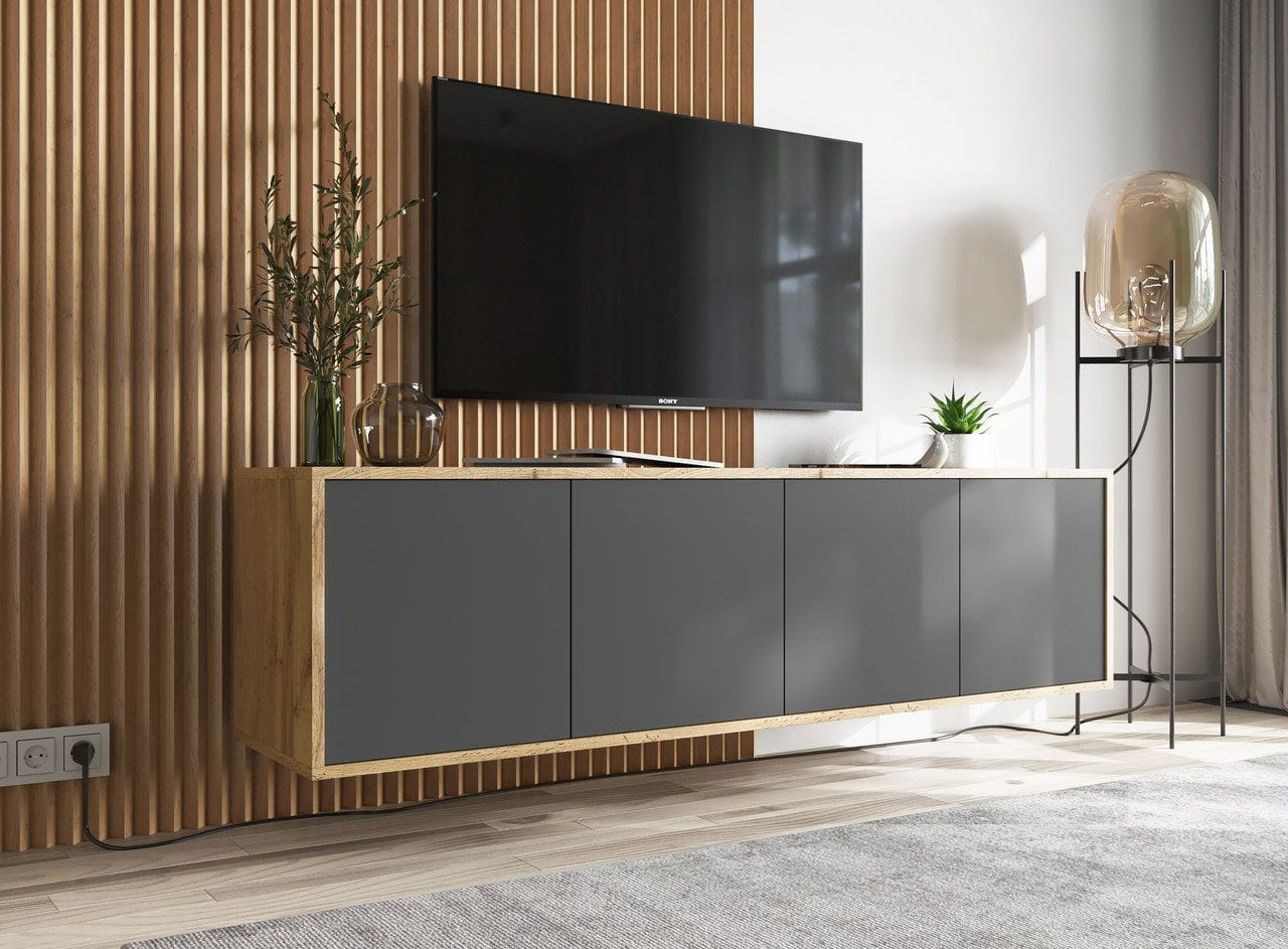 Wisząca szafka RTV, NORD, 150x35x39 cm, dąb wotan, grafit, mat