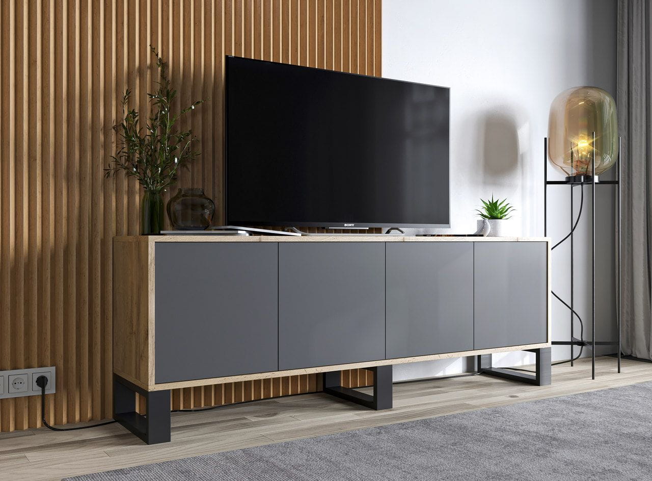 Komoda RTV, loft, NORD, rama, 150x35x53 cm, dąb wotan, grafit, mat