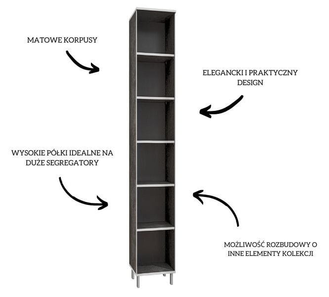 Wąski regał otwarty, Tim, 50x38x220 cm, ciemnoszary, mat