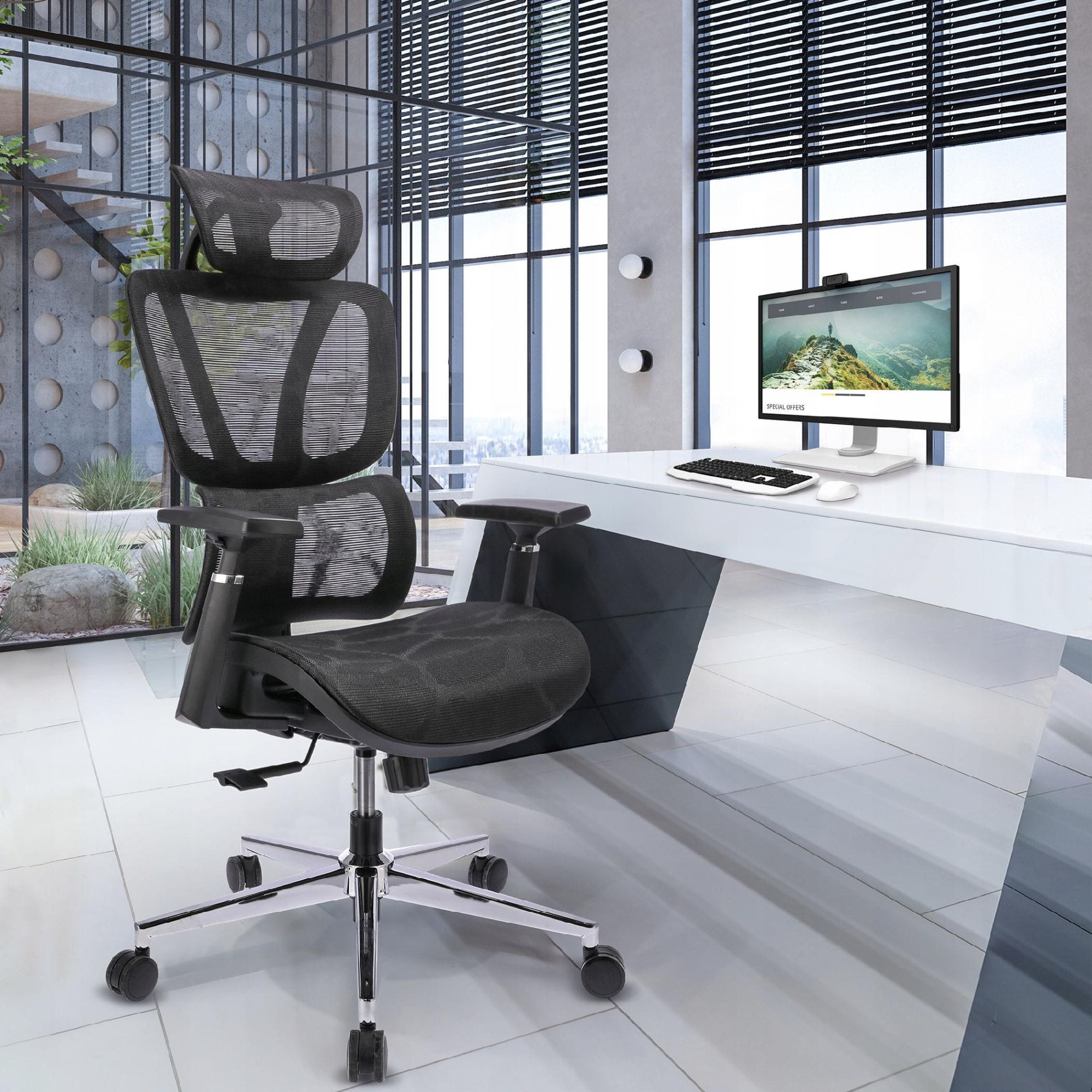 Fotel ergonomiczny, z podnóżkiem, RENO, czarny