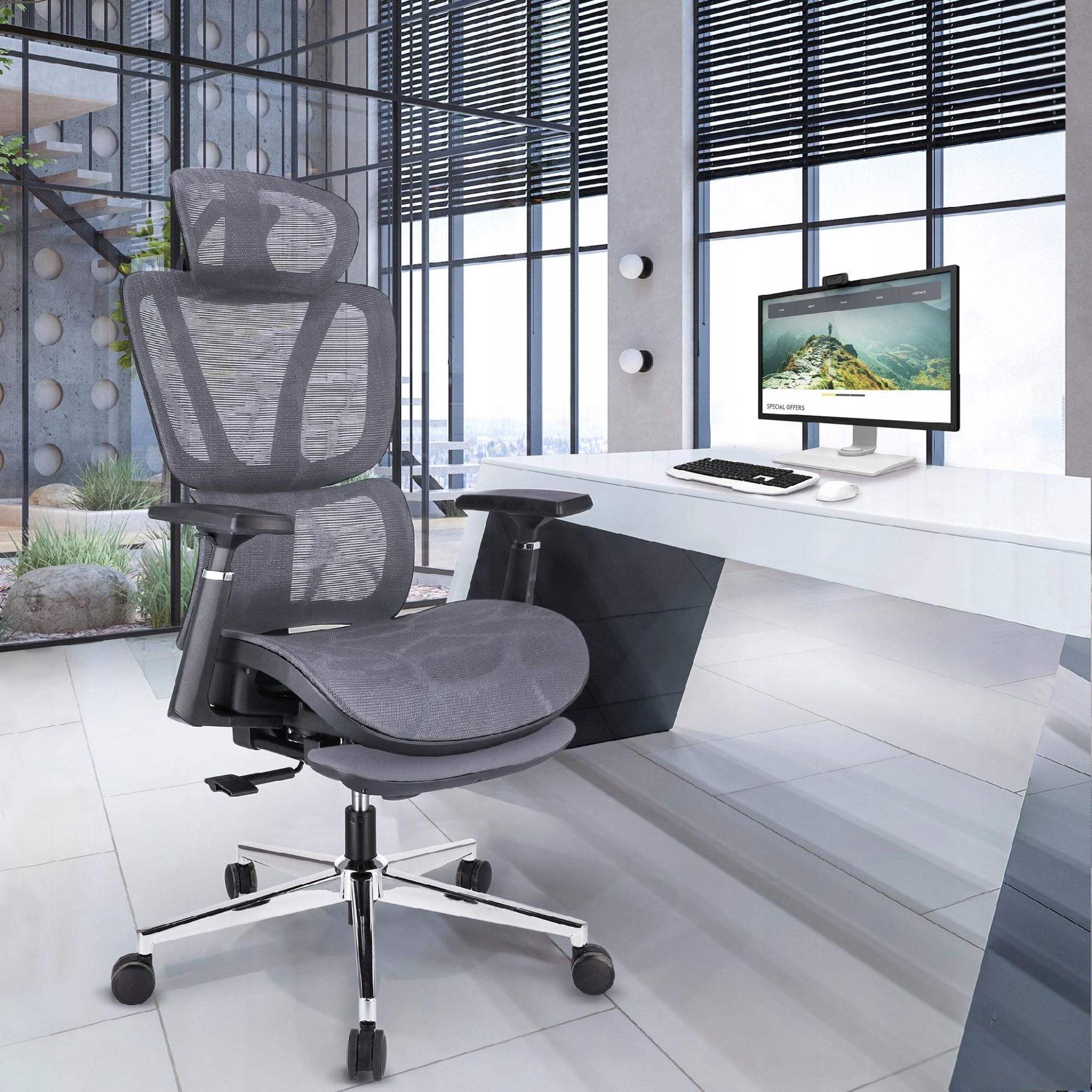  Fotel ergonomiczny, z podnóżkiem, RENO, szary