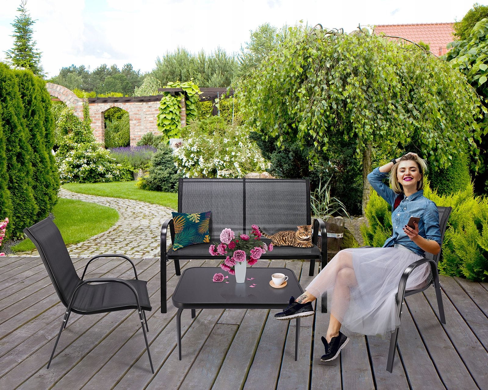 Zestaw mebli ogrodowych, BONDI, stolik, krzesła, sofa, czarne