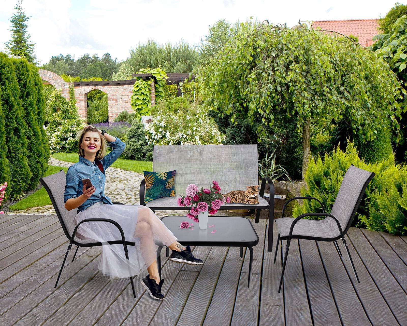 Zestaw mebli ogrodowych, BONDI, stolik, krzesła, sofa, szare